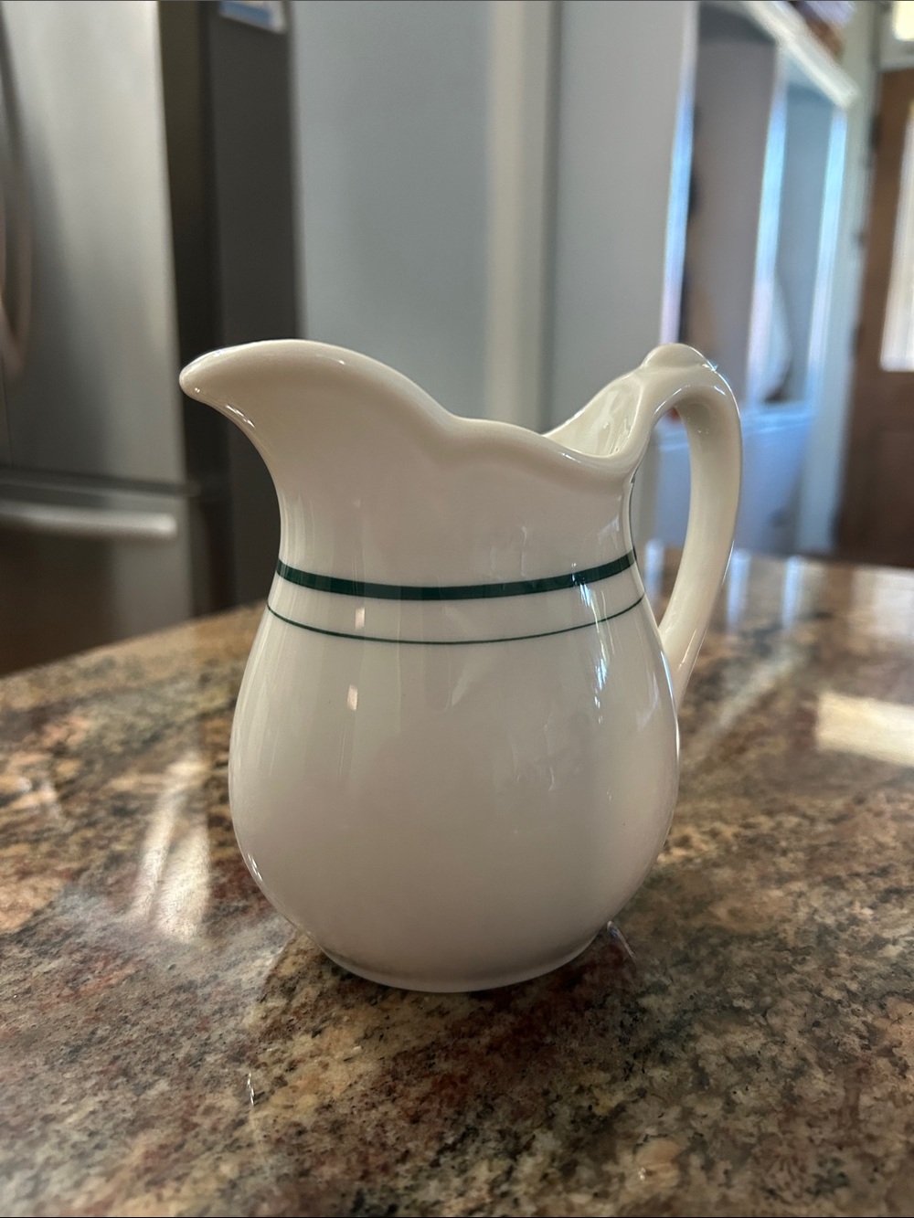 Syracuse Vintage White Ceramic Pitcher with Green Stripe - Classic Home Dining